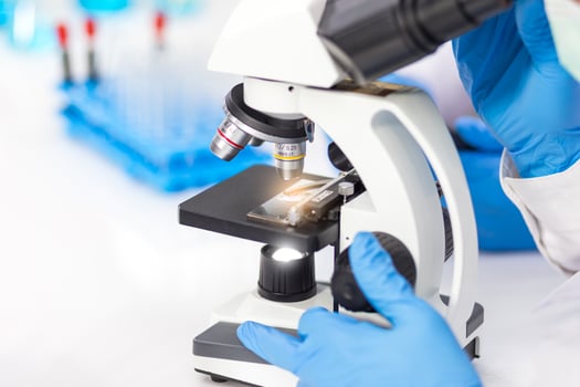 The hands of men wearing blue rubber gloves are using a microscope to work in the laboratory. photo