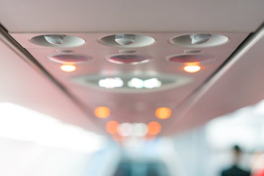 closeup airplane Console panel lamp, light, need help button, air condition, sefty belt and no smoking lighting sign. photo