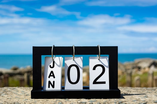 Jan 02 calendar date text on wooden frame with blurred background of ocean photo