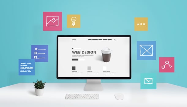 Website design, digital advertising agency concept with computer display and flying web page layout elements concept photo