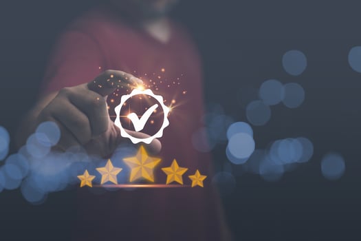 Customer can evaluate of service leading to reputation ranking of business. Customer review feedback survey, satisfaction ranking high. A man give rating to service experience on online application. photo
