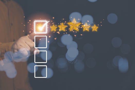 Customer review feedback survey, satisfaction ranking high. Customer can evaluate of service leading to reputation ranking of business. Businessman give rating to service experience application. photo