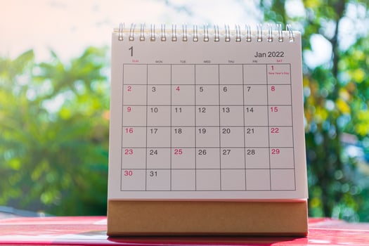 White January 2022 calendar on green background. New Year Concept photo