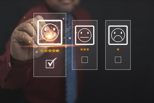 The businessman uses a pen to touch the virtual screen on the happy smiley face icon top 5 star with copy space. Satisfaction to service high, Customer service business concept, rating very impressed. photo