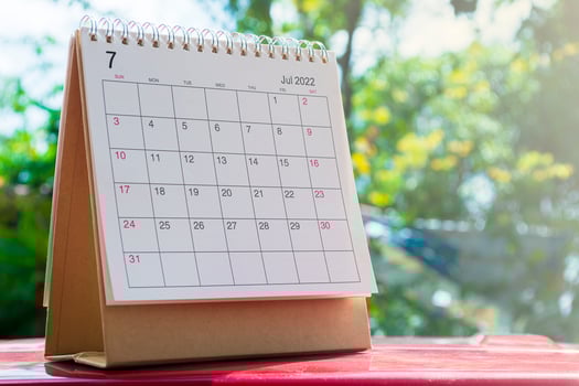 White July 2022 calendar on green background. New Year Concept photo