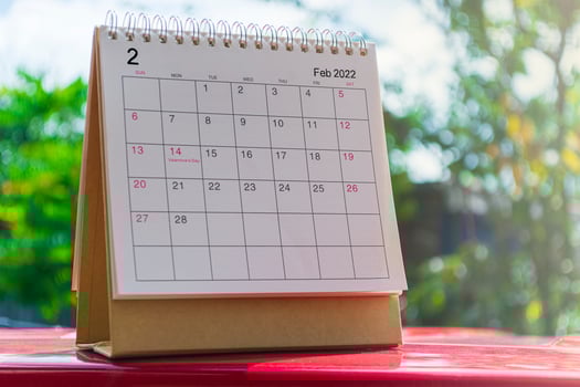 White February 2022 calendar on green background. New Year Concept photo
