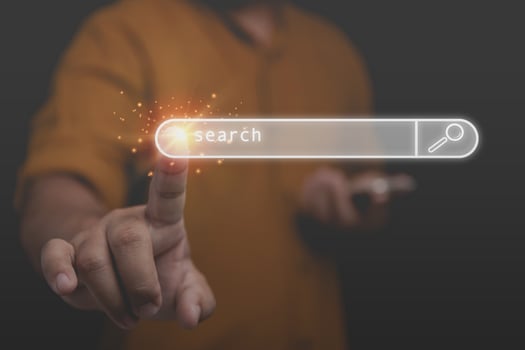 Businessman touching Bar On Virtual Screen to the searching website for information on black background with copy space. Data Search Technology Search Engine Optimization. Search console with website. photo