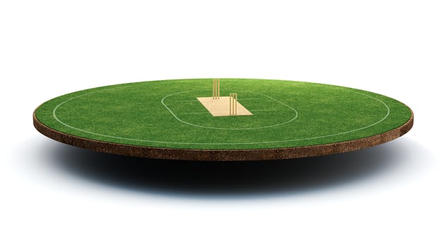 Cricket Stadium Front view on cricket pitch or ball sport game field, grass stadium or circle arena for cricketer series, green lawn or ground for batsman, bowler. Outfield 3D Illustration photo