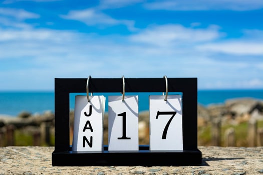 Jan 17 calendar date text on wooden frame with blurred background of ocean photo