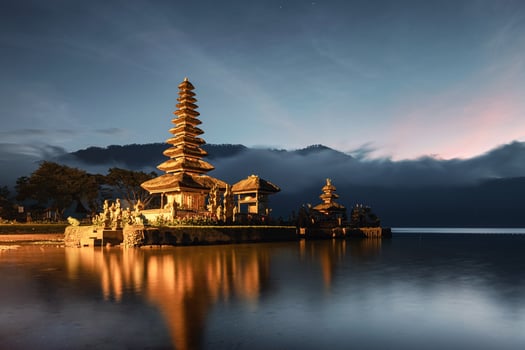 Ancient temple illumination of Pura Ulun Danu Bratan with blue sky on the dawn at Bali photo