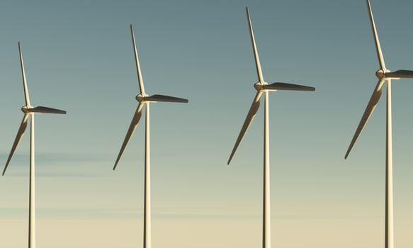 Wind turbines spinning to generate electricity for households on sea with dawn sky as renewable power plant. clean and sustainable energy concept. 3D illustration rendering photo