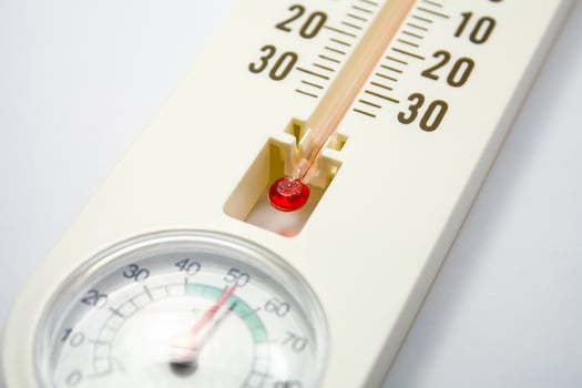 Closeup photo of household alcohol thermometer showing temperature in degrees Celsius