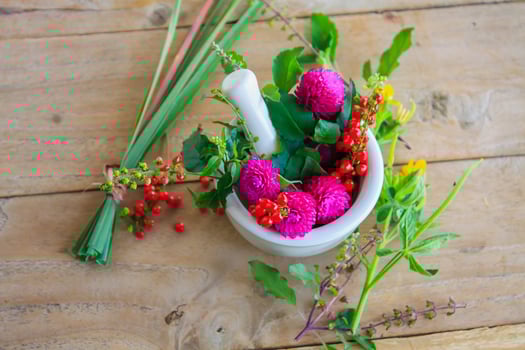 Fresh herbs in the mortar, alternative medicine photo