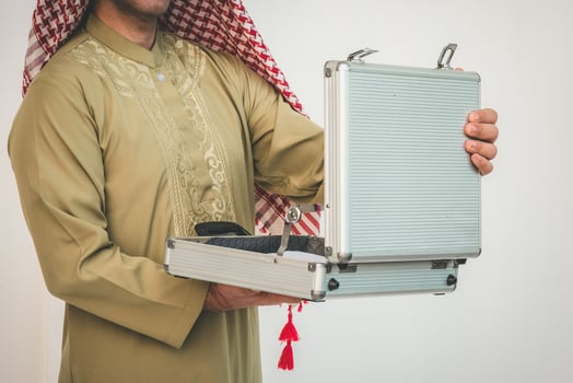Arab businessman opening suitcase photo