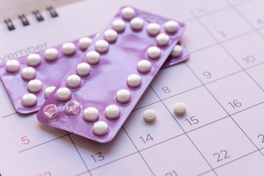 birth-control pill with date of calendar background, health care and medicine concept photo