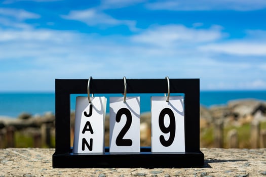 Jan 29 calendar date text on wooden frame with blurred background of ocean photo