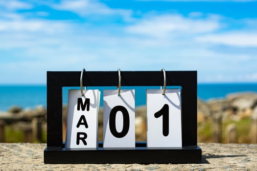 Mar 01 calendar date text on wooden frame with blurred background of ocean photo