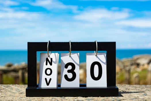 Nov 30 calendar date text on wooden frame with blurred background of ocean photo
