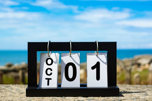Oct 01 calendar date text on wooden frame with blurred background of ocean photo