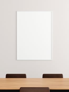 Minimalist vertical white poster or photo frame mockup on the wall in the office meeting room.