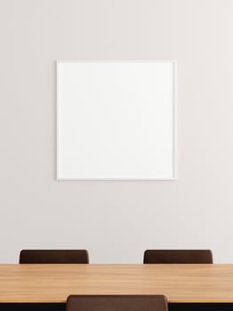 Minimalist square white poster or photo frame mockup on the wall in the office meeting room.