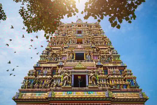 Traditional Hindu temple Kidangamparambu Sree Bhuvaneswari in India in Allapuzha Allepi Kerala. Tall building with colorful figures of Indian mythology and gods, flock of live birds. Tourism, travel photo