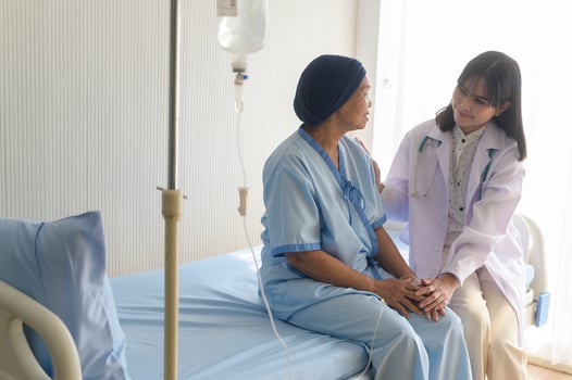 Doctor holding senior cancer patient's hand in hospital, health care and medical concept photo