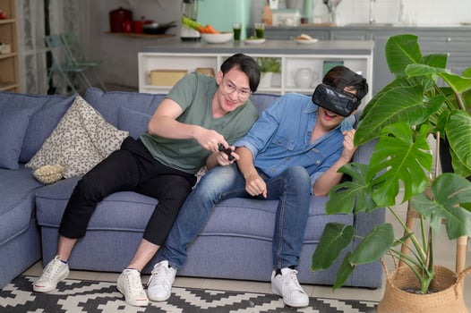 Young smiling gay couple playing video games in the living room at home, LGBTQ and diversity photo