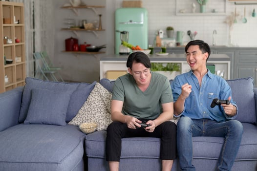 Young smiling gay couple playing video games in the living room at home, LGBTQ and diversity photo