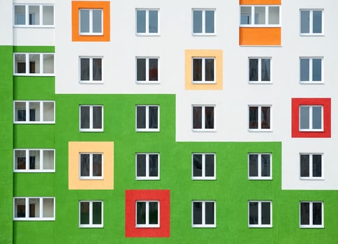 Bright facade, residential building with large Windows photo