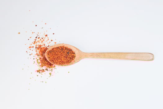 Red chili flakes on a wooden spoon on white background photo