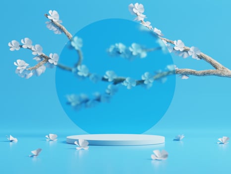3d minimal display podiums with cherry blossom flower or Sakura against blue background. 3d rendering of realistic presentation for product advertising. 3d minimal illustration. photo