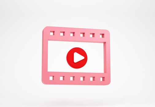 3D rendering, 3D illustration. Pink play video icon isolated on white background. Minimal film cinema play icon. Concept of video player, web page, play button or streaming photo