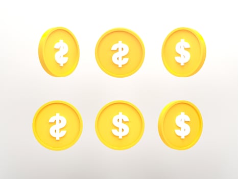 3D rendering, 3D illustration. Set of dollar coin in different shape isolated on white background. photo