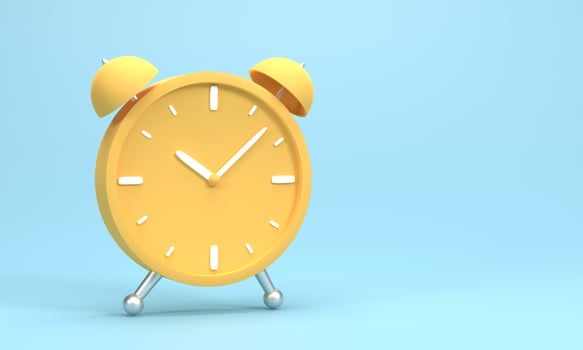 3D render, 3D illustration. Vintage circle yellow clock icon. Simple twin bell alarm clock on blue background. Minimal creative concept. photo