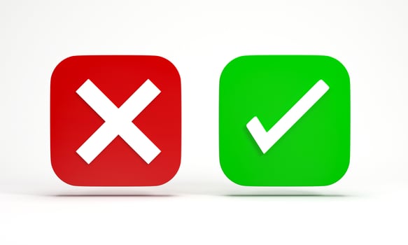3d render 3d illustration. Green tick check mark and cross mark symbols in square on white background. Confirm and deny icon on button. Concept of checkmark symbol accepted and rejected. photo