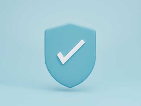 3d render 3d illustration. Checkmark icon on guard shield protection symbol on blue background. safety minimal concept. photo