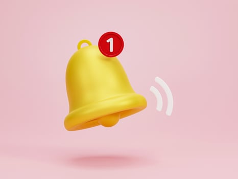 3D rendering, 3D illustration. Yellow notification bell is ringing with one new notification on pink background. Minimal social media element. photo