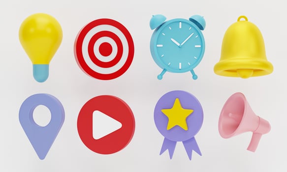3D render, 3D illustration. Collection icon of light bulb, play button, clock, bell, megaphone, location, and target on white background photo