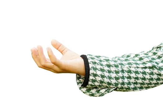 human hand acts as if it is holding an advertising product. on a white background photo