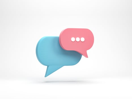 3D rendering, 3D illustration. Chat bubble icon isolated on white background. Minimal pink and blue chat typing. Design element for social media, messages or comment. photo