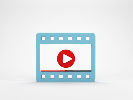 3D rendering, 3D illustration. Blue play video icon isolated on white background. Minimal film cinema play icon. Concept of video player, web page, play button or streaming photo