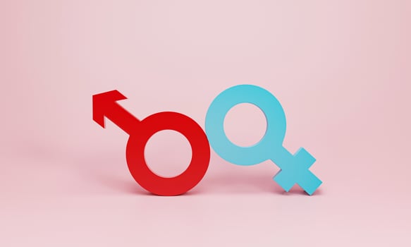 3d rendering, 3d illustration. Male and Female sexual symbols on pink background. Linked heterosexual couple gender symbol. Modern minimal concept. photo