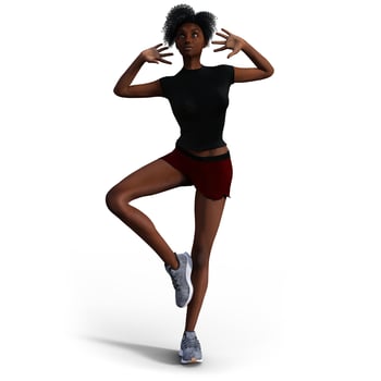 Beautiful black woman with sneakers and hiking clothes in 3D illustration. photo