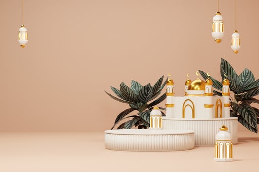3d rendering image of ramadan and eid fitr adha mubarak theme greeting background with islamic decoration objects photo