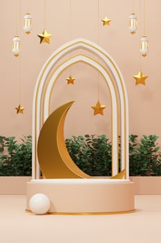 3d rendering image of ramadan and eid fitr adha mubarak theme greeting background with islamic decoration objects photo