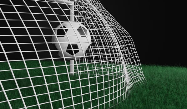 3D render illustration football at behind view of goal in football field photo
