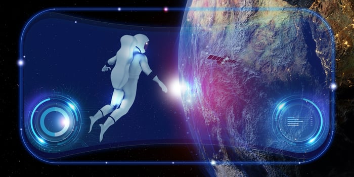 Metaverse vr glasses astronaut simulation outer space and stars Astronomical Studies Digital interface VR technology 3D illustration photo