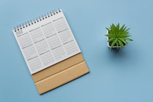 2022 white calendar with potted plant on blue background. Flat lay photo