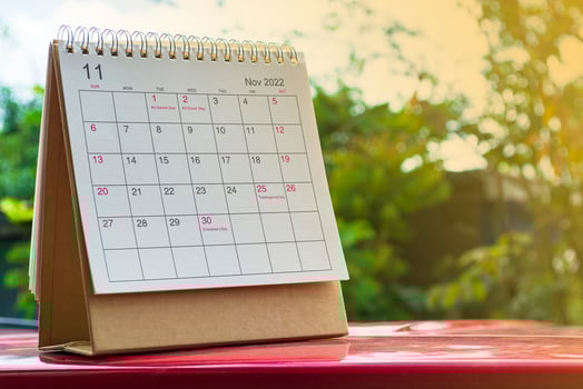 White November 2022 calendar on green background. New Year Concept photo
